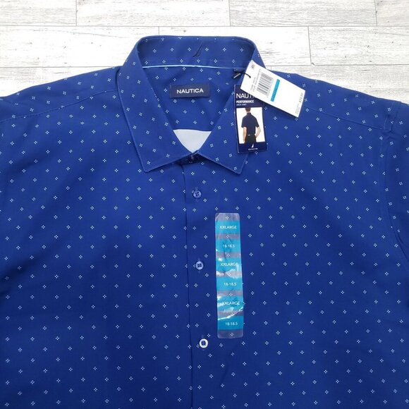 Nautica Performance Dress Shirt SS Blue Geo Stretch Cooling Mens XXL NWT Flaw - Picture 2 of 10